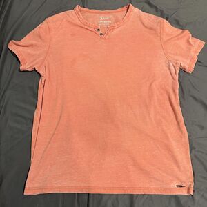 Lucky Brand Shirt Mens L Orange Venice Burnout Henley Short Sleeve Tagless read